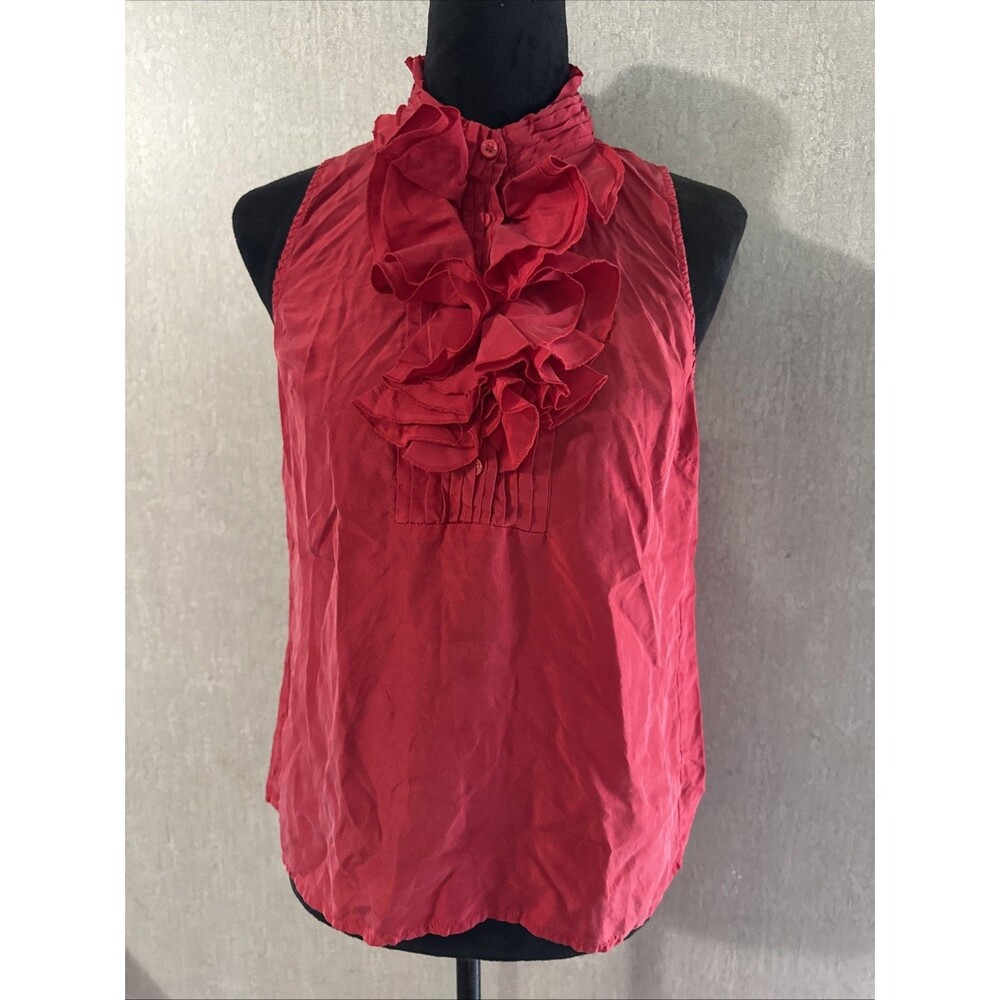 Kenar 100% Silk Red Ruffle Blouse Womens M Sleeveless Romantic Statement Top